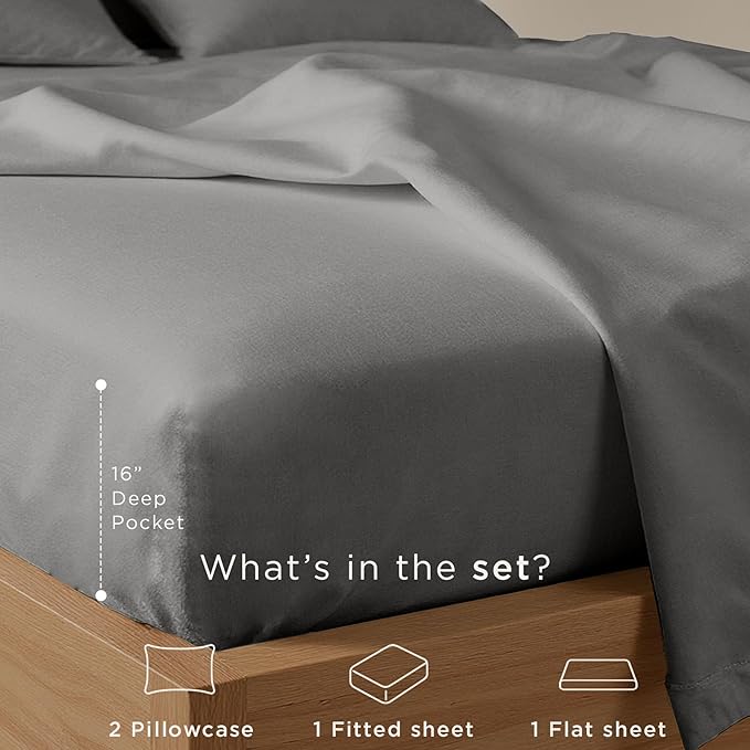 Threadmill Cotton Full Size Sheet Set| 100% Cotton Sheets for Full Size Bed | Solid Sateen Full Bed Sheets Set with 16” Elasticized Deep Pocket | Soft Breathable 4-Piece Cooling Sheet Set | Dark Grey