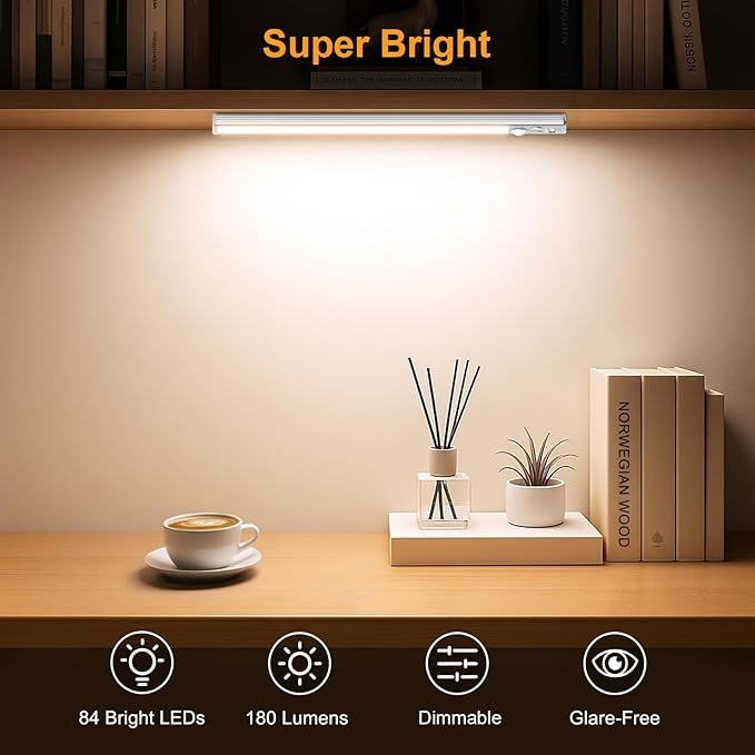 Gritin 10.2inch Under Cabinet Lighting Rechargeable -84 LED Super Bright,3-Color& 5 Level Brightness,4 Modes,Motion Sensor,Long Lasting- Easy Installation Magnetic Under Cabinet Closet Lights -2 Pack