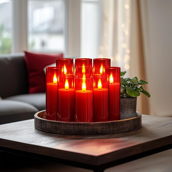 Amagic Christmas Red Flameless Candles, Battery Operated Candles with Remote and Timer, Acrylic Flickering LED Candles for Thanksgiving Decor, D2.2''xH5''6" 7", Set of 9