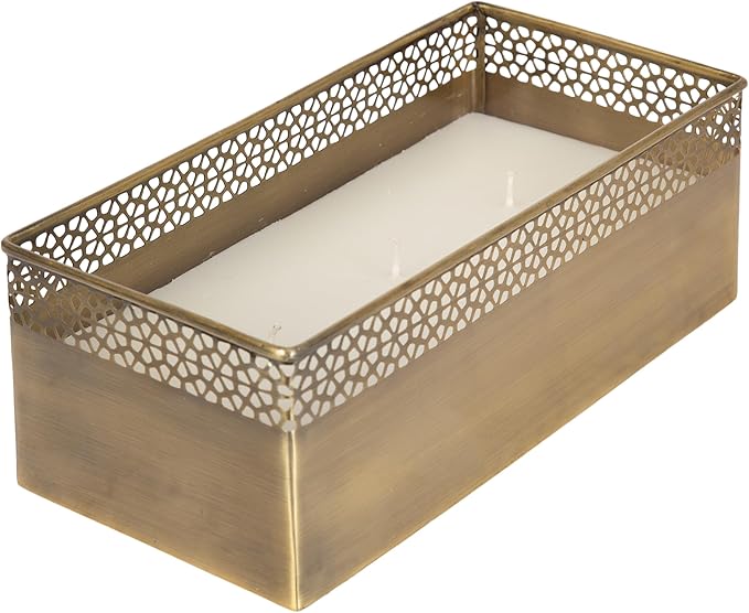 Kate and Laurel Pearce Rectangle Unscented Candle, 11 x 6 x 4, Antique Brass, Large Three-Wick Candle with Decorative Metal Vessel for Living Room Decor