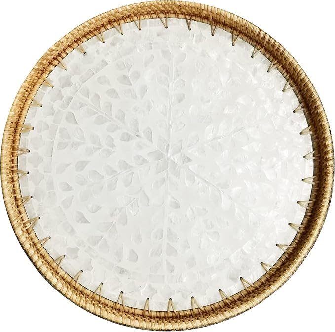 i-lan 16 Inch Rattan Round Serving Tray with Beige MOP Wooden Base, Extra Large Wicker Ottoman Serving Platter with 1”Side, Woven Basket Plates for Home Décor, Coffee Table, Display