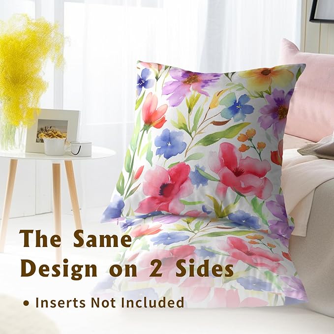 Spring Summer Throw Pillow Covers - Watercolor Flowers Pillow Covers 16x16 Inch Set of 2 Floral Pillowcase Botanical Blossom Cushion Cover for Couch Sofa Garden Patio