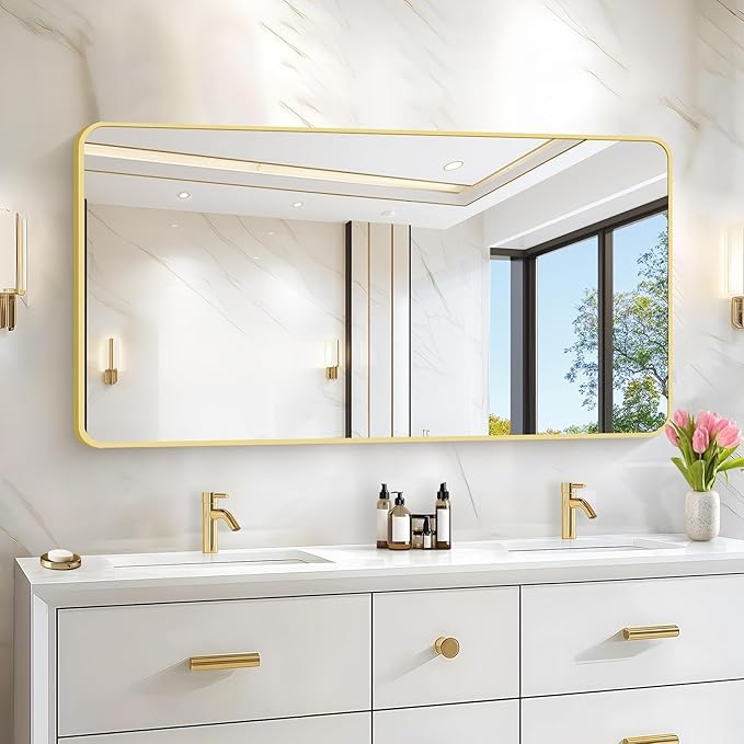 55"x30" Gold Bathroom Mirror, Large Rectangle Mirror, Rectangular Wall Mirror, Rounded Corner Vanity Mirror with Aluminum Metal Frame for Bathroom Bedroom Living Room Horizontal/Vertical