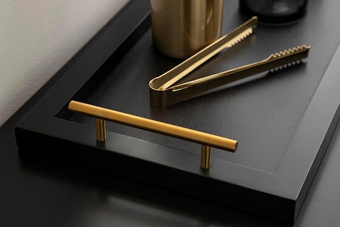 Kate and Laurel Halsey Narrow Rectangle Decorative Wooden Tray with Polished Metal Handles; 24 x 10; Black and Gold; Modern Glam Wood Rectangular Serving Tray for Display or Decoration