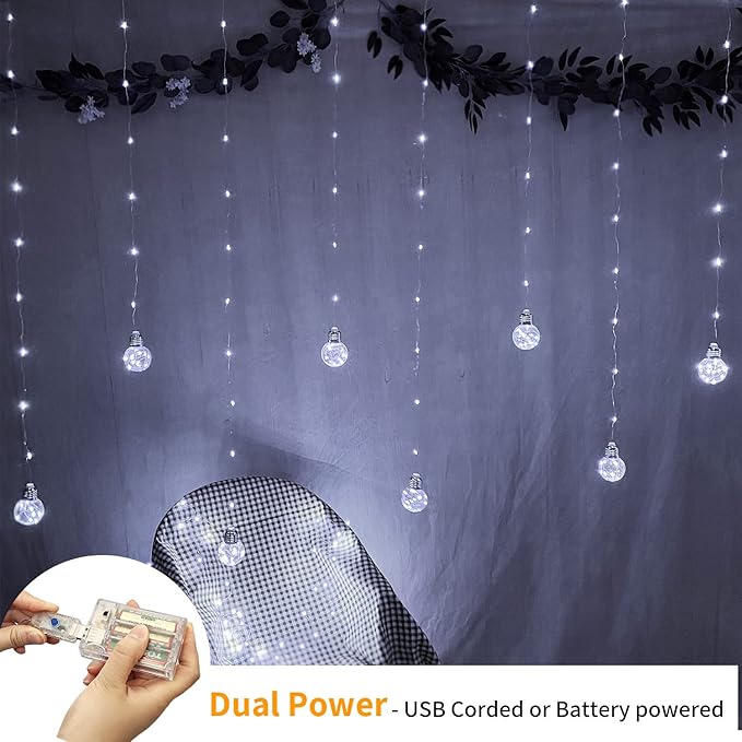 YOLIGHT Wishing Ball Curtain Lights 200 LED Window Curtain String Lights with Remote, USB Battery Powered Twinkle Globe Fairy Lights for Wedding Party Bedroom Halloween Christmas Decoration (White)
