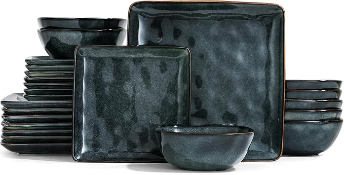 Famiware Dinnerware Sets for 8, Ocean Square 24-Piece Kitchen Plates and Bowls Sets, Microwave and Dishwasher Safe, Scratch Resistant, Deep Forest
