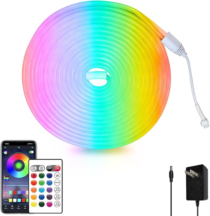 16.4FT Led Neon Rope Lights Control with App/Remote,Flexible Led Rope Lights,Multiple Modes,IP65 Outdoor RGB Neon Lights Waterproof,Music Sync Gaming Led Neon Strip Lights for Bedroom Décor