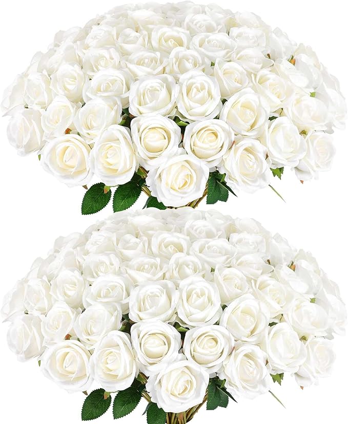 60 Pcs Artificial Roses Bulk Velvet Silk White Roses White Roses for Wedding Centerpieces Bridal Bouquet Mohter's Day Valentine's Day Home Decor (60, White)