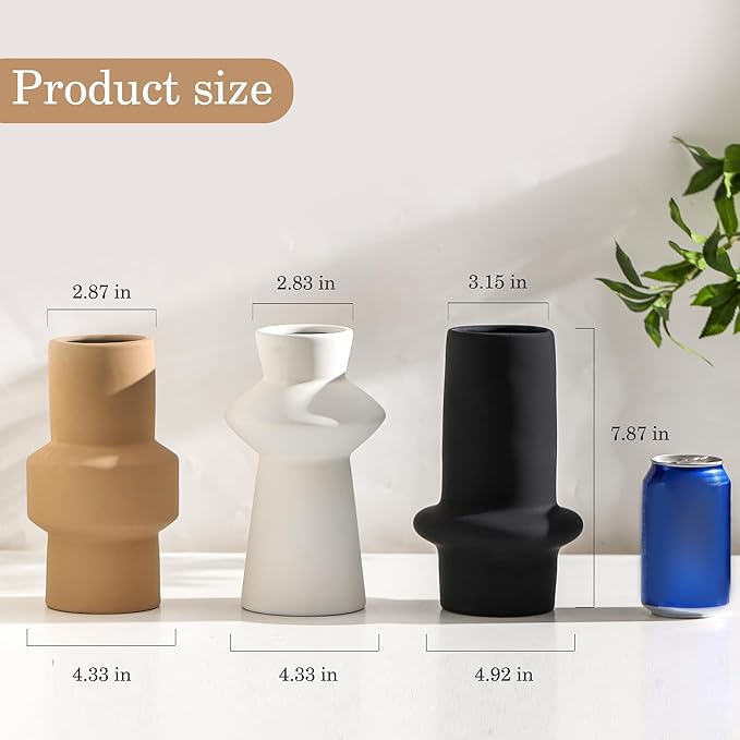 Modern Ceramic Vase Set of 3, 8 inch Simple Geometric Lines Vase for Pampas Grass Dried Fresh Flowers, Home Decor, Bedroom, Living Room, Bookshelf Decoration, Neutral Minimalist Nordic Style