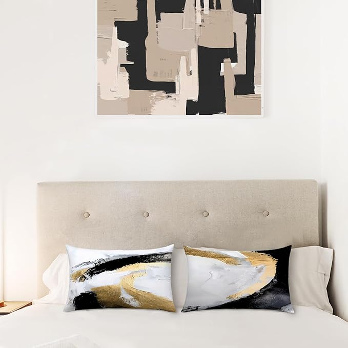 Abstract Black White and Gold Pillow Covers 16x24 Set of 2 - Modern Pillow Covers, Modern Home Decor, Black and Gold Decorative Pillows Cover for Couch Living Room Bedroom