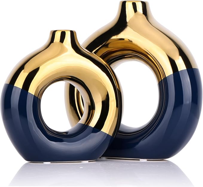 Navy Blue and Gold Ceramic Vase Set of 2,Round Donut Hollow Flower Vases for Home Decor Accents,Modern Minimalist Centerpiece Table Decorations,Wedding,Living Room,Bookshelf,Office,Entryway