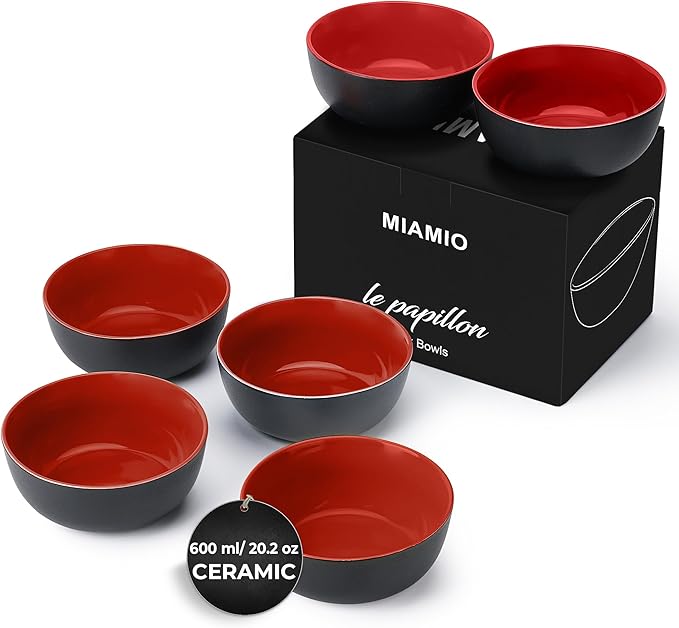 MIAMIO - 6 x 20.2 oz Stoneware Bowl Set Outside Black Inside Colourful - Le Papillon Collection (Red)