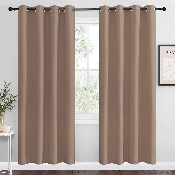NICETOWN Kitchen Blackout Curtains and Drapes - Triple Weave Energy Saving Thermal Insulated Solid Grommet Blackout Panels for Patio (1 Pair, 55 inches by 78 Inch, Cappuccino)