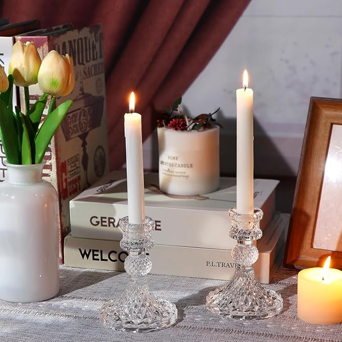 DARJEN Candlestick Holders Set,12Pcs 4" H Taper Candle Holders Bulk, Clear Glass Candle Holders for Wedding, Spring Party, Romantic Dinner, Festival & Windowsill Decor