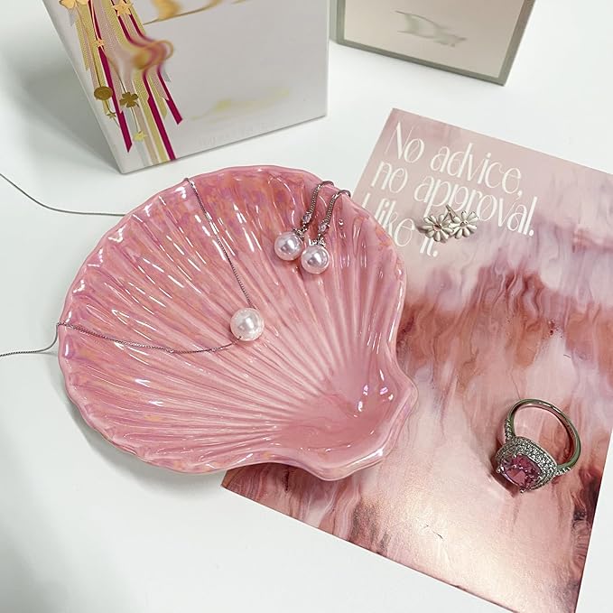 Shell Shape Ring Holder Dish, Seashell Jewelry Dish Tray, Ceramic Trinket Tray for Rings Earrings Necklaces Bracelet, Birthday Christmas Gift for Mom Friend Sister, 3.9", Pink Iridescent Surface