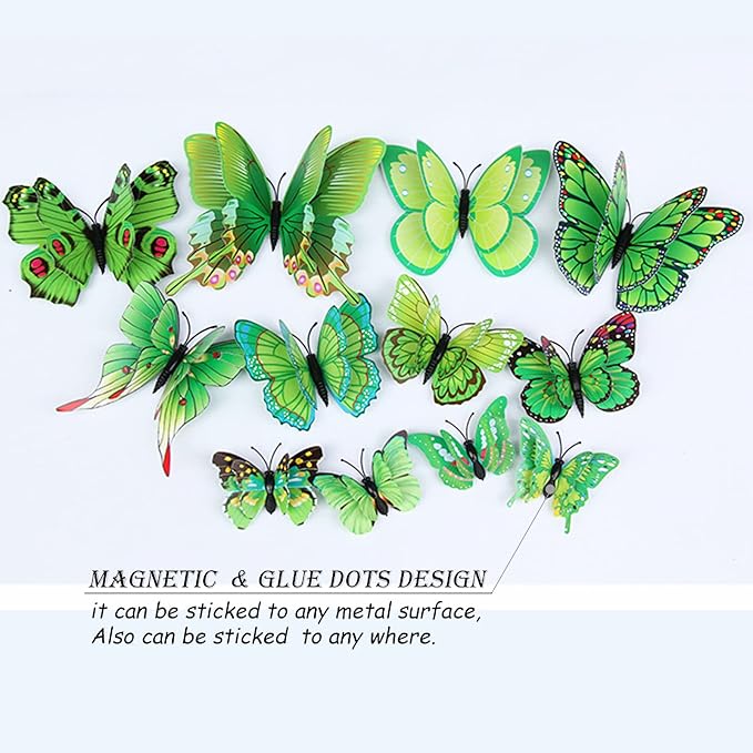 Butterfly Wall Decor 24/48 PCS, 3D Butterflies Stickers for Party Decorations with Magnets (Green, 24)