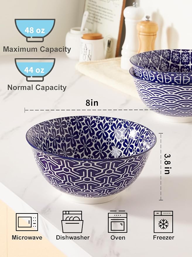 Salad Soup Bowls, Blue and White Serving Bowls for Pho, Pasta Rarmen, 48 Oz Large Ceramic Bowls for Kitchen, Set of 3, Microwave & Dishwasher Safe