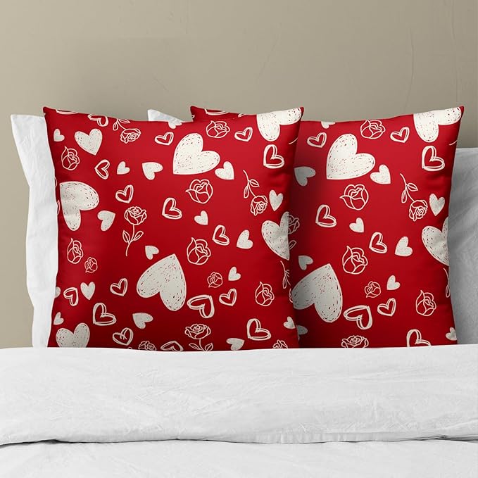 Valentines Pillow Cover - Red Hearts Throw Pillow Covers 16x16 Set of 2 Rose Flower Decorative Pillowcases for Couch Sofa Bedroom
