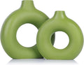Green Ceramic Vase Set of 2, Flower Vase for Home Decor, Donut Vase for Green Decor, Modern Boho Decorative Vase, Round Hollow Pampas Grass Vase, Perfect for Dining Table, Mantel & Centerpiece