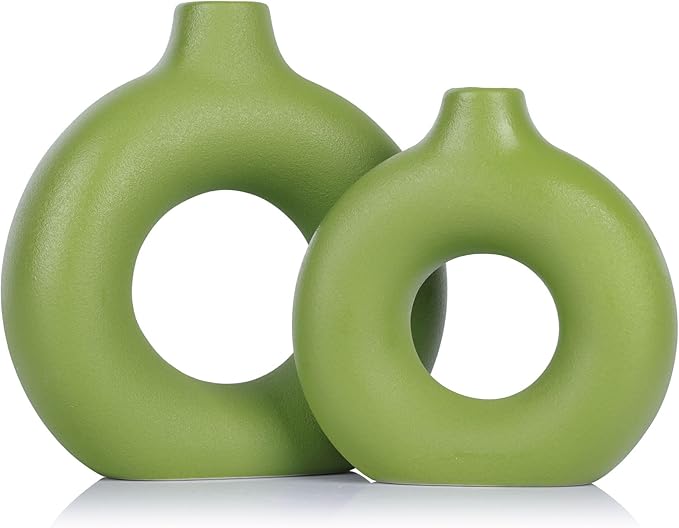 Green Ceramic Vase Set of 2, Flower Vase for Home Decor, Donut Vase for Green Decor, Modern Boho Decorative Vase, Round Hollow Pampas Grass Vase, Perfect for Dining Table, Mantel & Centerpiece
