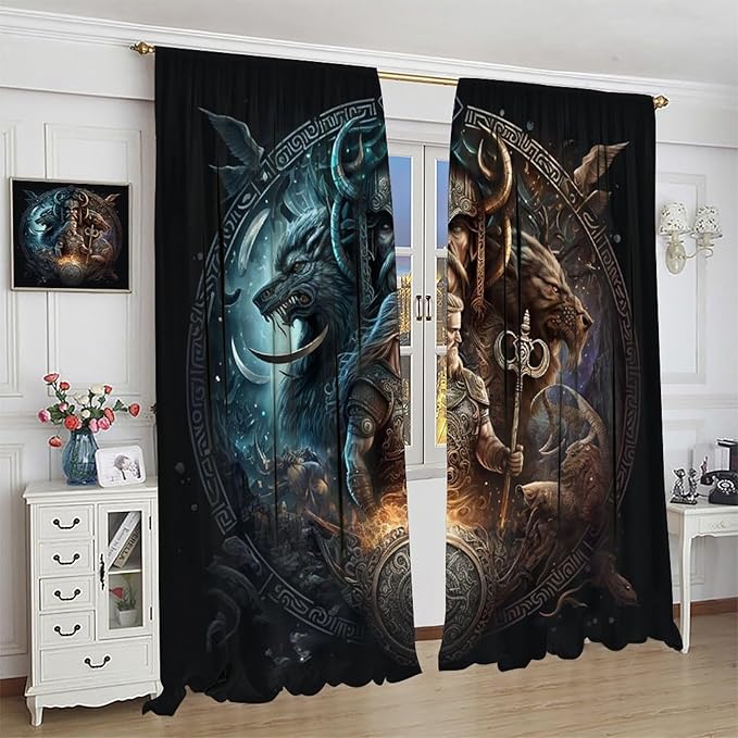 Cool Norse Viking Theme Curtains,Fantasy Ancient Symbols Wildlife Wolf Nordic Vikings Window Drapes Thermal Insulated Rod Pocket Blackout Drapes for Bedroom 2 Panels 63L x 31.5W