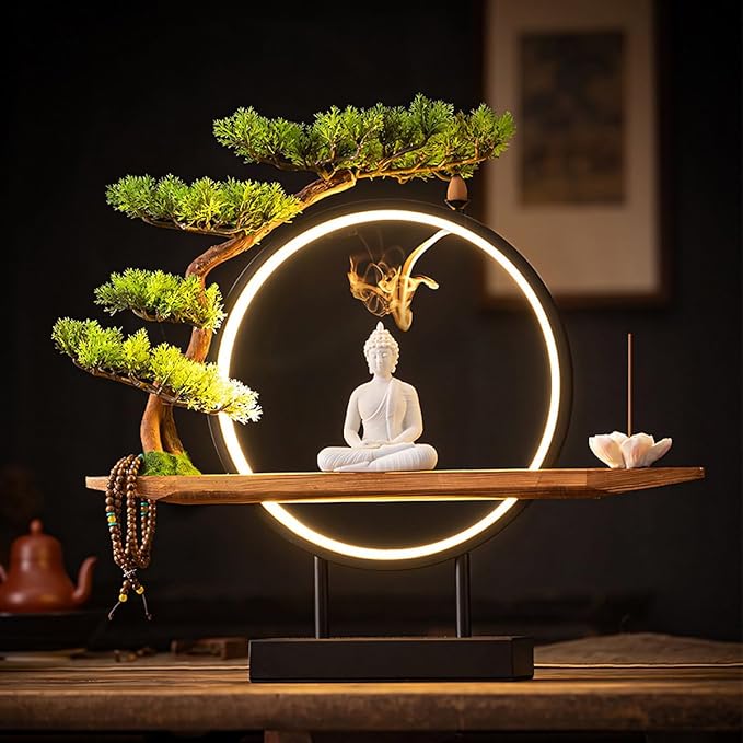 Shakyamuni Buddha Ceramic Statue Indoor Backflow Incense Burner with Led Ring Light，Meditation Decoration for Home and Office, Suitable for Cone and Stick Incense