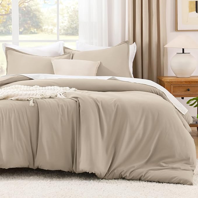 Litanika Khaki Comforter Set Queen Size, 3 Pieces Solid Bedding Comforter Set, All Season Down Alternative Bed Set (90x90In Comforter & 2 Pillowcases)
