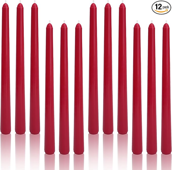 Viyffo Taper Candles 10 Inch – 12 Pack Winter Berry Red, Dripless, Unscented, Smokeless – 8 Hour Burn – Tall Candlesticks for Wedding, Dinner, Holiday, Party, Home Decor