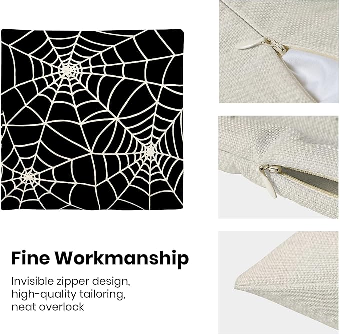Halloween Pillow Covers 18 x 18 Inch, Black Cream Spider Webs Decor Throw Pillows for Home Couch Bed, Fall Autumn Outdoor Holiday Decorative Pillowcase Linen Cushion Cover Set of 2