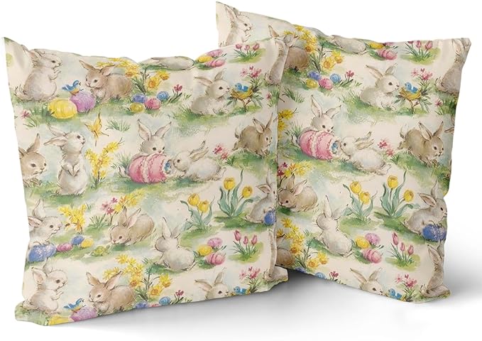 Giwawa Easter Throw Pillow Covers Set of 2 Vintage Bunny Egg Hunt Pillowcases 18x18inch Farmhouse Spring Rabbit Floral Double Sided Cotton Cushion Covers for Sofa Couch Chair Patio Bedroom Decor