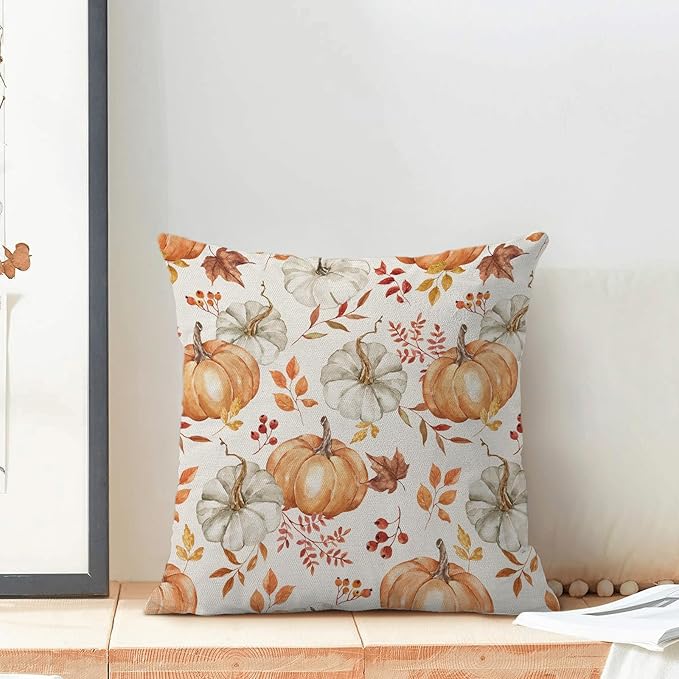 Fall Pillow Covers 16 x 16 Inch, Watercolor Burnt Orange Grey Pumpkin Leaf Autumn Decor Throw Pillows for Home Couch Bed, Harvest Thanksgiving Decorative Pillowcase Linen Cushion Cover Set of 2