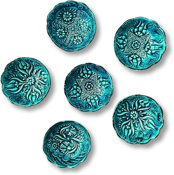 Handmade Decorative Turkish Ceramic Bowl Set of 6, Green Pinch Bowls for Dipping & Serving - Small Versatile and Unique Charcuterie Accessories, Mini Sauce Dish, Floral Pattern Snack Bowls