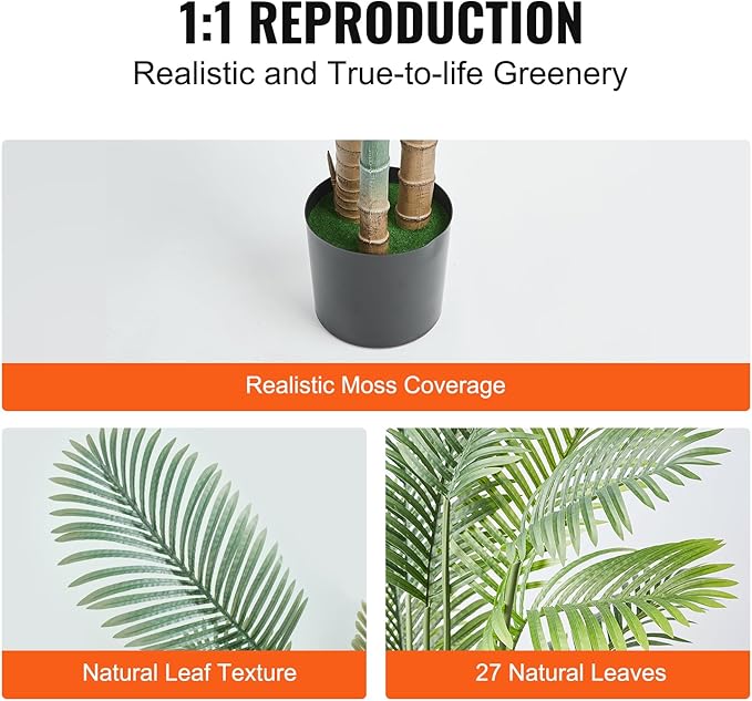 VEVOR Artificial Golden Cane Palm Tree, 6.5 FT Tall Faux Plant, PE Material & Anti-Tip Tilt Protection Low-Maintenance Plant, Lifelike Green Fake Tree for Home Office Warehouse Decor Indoor Outdoor
