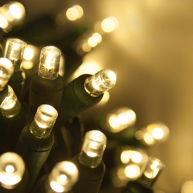 5mm LED Wide Angle Warm White Prelamped Light Set, Green Wire - 70 5mm Warm White LED Christmas Lights, 4" Spacing