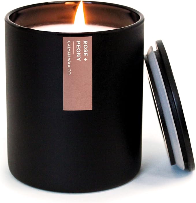 Calyan Wax Co. Soy Wax Candle, Rose + Peony Scented Candle, 75 Hour Burn Time, Aromatherapy Soy Candles, Non Toxic & Vegan Soy Wax, Black Tumbler Scented Candles, 13oz