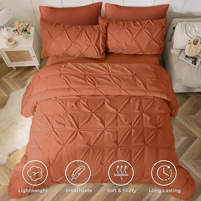 Sasttie King Size Comforter Set, 7-Piece Bed in a Bag, Pintuck Bedding Set for All Season, Includes Comforter, Flat Sheet, Fitted Sheet, Pillowcases and Pillowshams, Burnt Orange