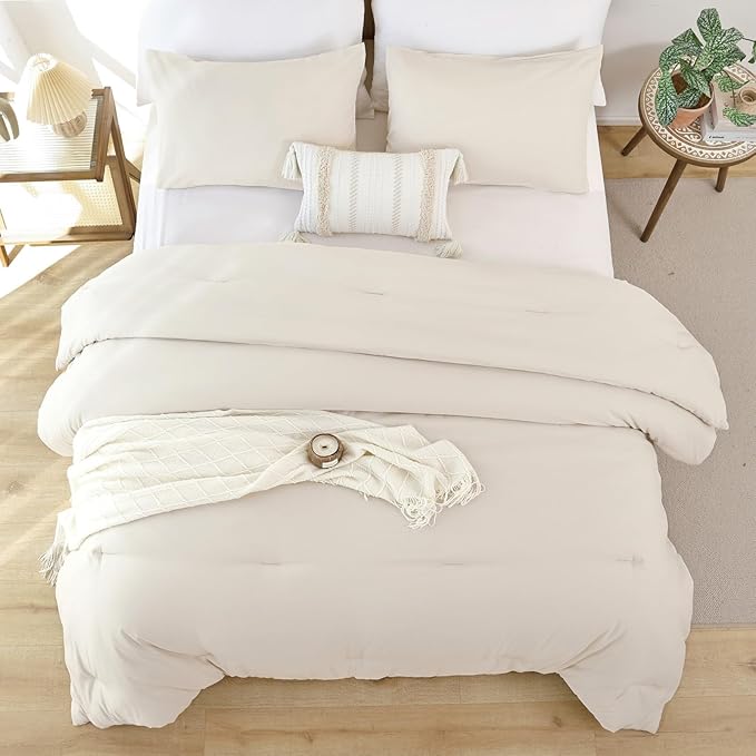 ROSGONIA Comforter Full Size for Girls Boys Teens Beige, 3pcs (1 Boho Comforter & 2 Pillowcases), Lightweight Dorm Bedding Soft All Season Bed Set