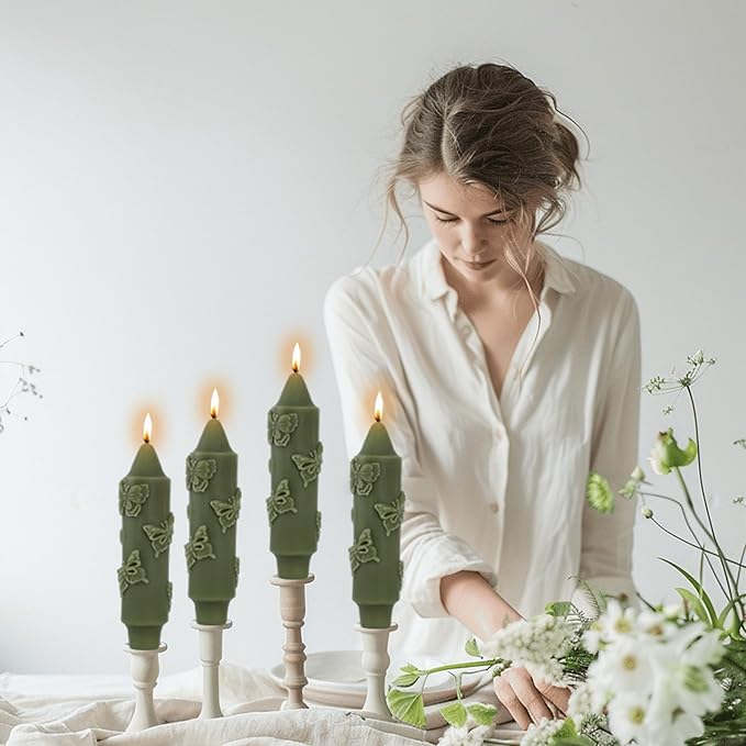 Olive Taper Candle Short CandleSticks Dripless Mini Tapered Candles for Christmas Home Decor 6 inch Set of 4,Olive,Butterfly
