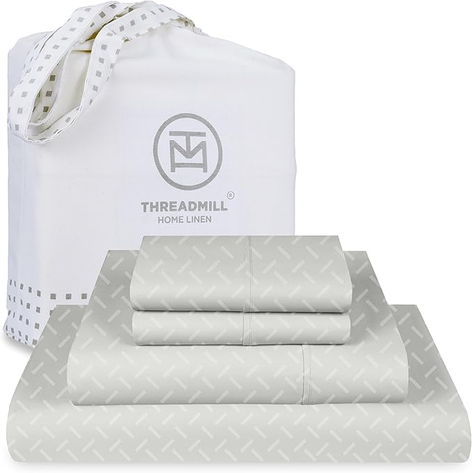 Threadmill Cotton Queen Sheet Set | 100% Cotton Sheets for Queen Size Bed | Damask Jacquard Queen Bed Sheets Set with 16” Deep Pocket | Soft Sateen Weave 4-Piece Cooling Bedding Set | Light Grey