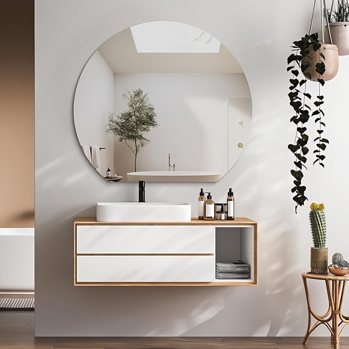 Half Moon Bathroom Mirror 36", Modern Frameless Wall Mirror, Hanging Decorative Vanity Mirror, Minimalist Explosion Proof Semi Circle Mirror for Living Room Bedroom Entryway, Down Cut