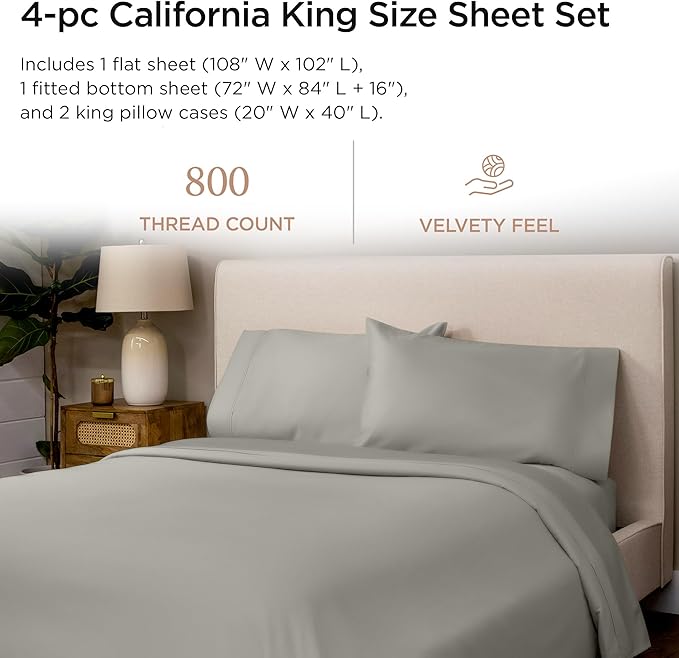 Threadmill Luxury 800 Thread Count California King 100% Cotton Sheets - Moonrock Grey Sateen Weave Bed-Sheets, Better Than Egyptian Cotton, 4 Pc Solid Bed Set, Fits 16" Deep Pocket