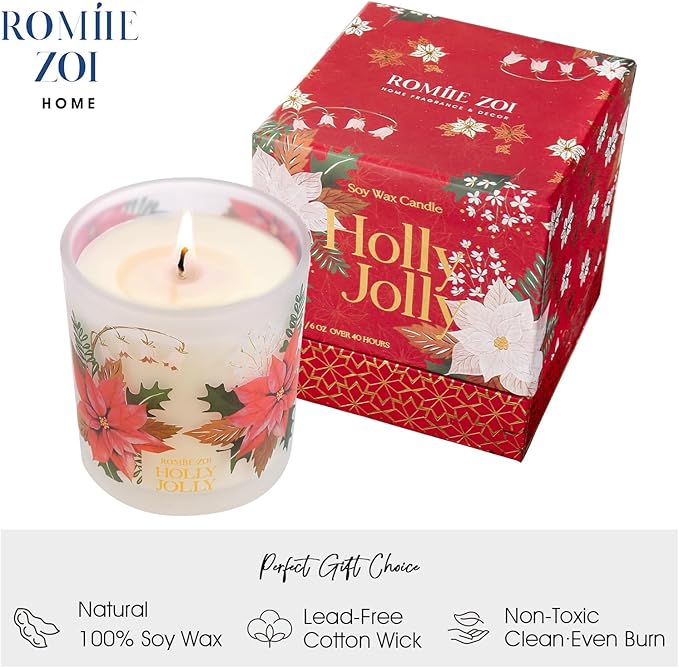 ROMIIE ZOI Christmas Scented Candle - 6oz Soy Wax Candle, Holly Jolly Decorations for Women, Infused with Citrus & Pine Aroma - Exquisite Red & Gold Gift Box Packaged for Christmas Holiday Season Gift
