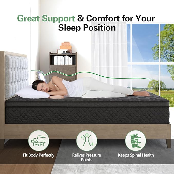 King Hybrid Mattress, 12 Inch Euro Top Mattress Medium Firm for Back & Lumbar Support, 100 Night Trial, Individual Pocket Spring Bed for Motion Isolation & Pressure Relief