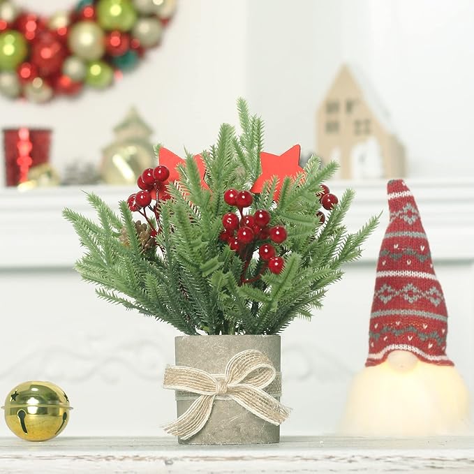 2PCS Small Christmas Tree,Tabletop Mini Xmas Tree,9" Artificial Little Potted for Christmas Decor,Suitable for Weddings, Holidays, Christmas and Other Festivals.(Star/Ball)