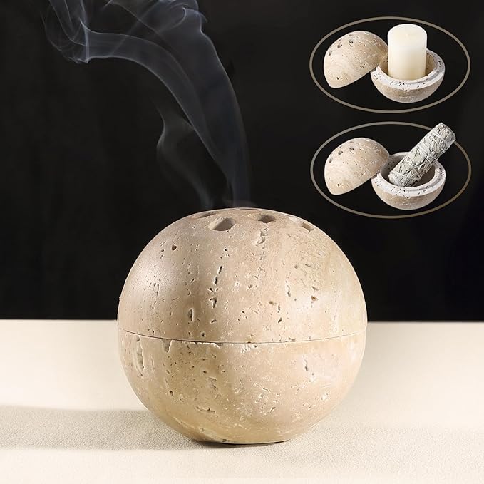 Koville Natural Travertine Stone Incense Burner, Incense Holder for Cone/Balsam Fir/Palo Santo/Sage, Handmade Sphere Incense Burner for Meditation Yoga SPA Relaxation, Home Decor,Beige Travertine