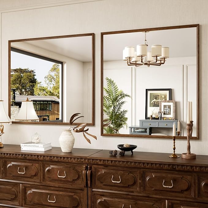 Rectangle Bathroom Mirror 40x36 Inch, Walnut Wood Grain Framed, Anti-Rust & 4mm Tempered Glass, Horizontal/Vertical Hanging Vanity Mirror for Bathroom & Bedroom