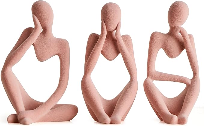FJS Thinker Statue Shelf Decor - Velvet Collectible Figurines Living Room Decor, Modern Sculptures Home Decorations for Bookshelf Coffee Table Office (Pink Velvet)