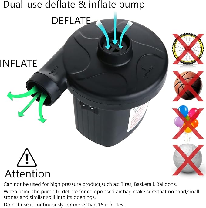 Jasonwell Electric Air Pump Portable Quick-Fill AC DC Inflator Deflator Pump for Air Mattress Inflatables Pool Floats Water Toy Raft Bed Boat Pool Toy with Nozzles 110-240 V