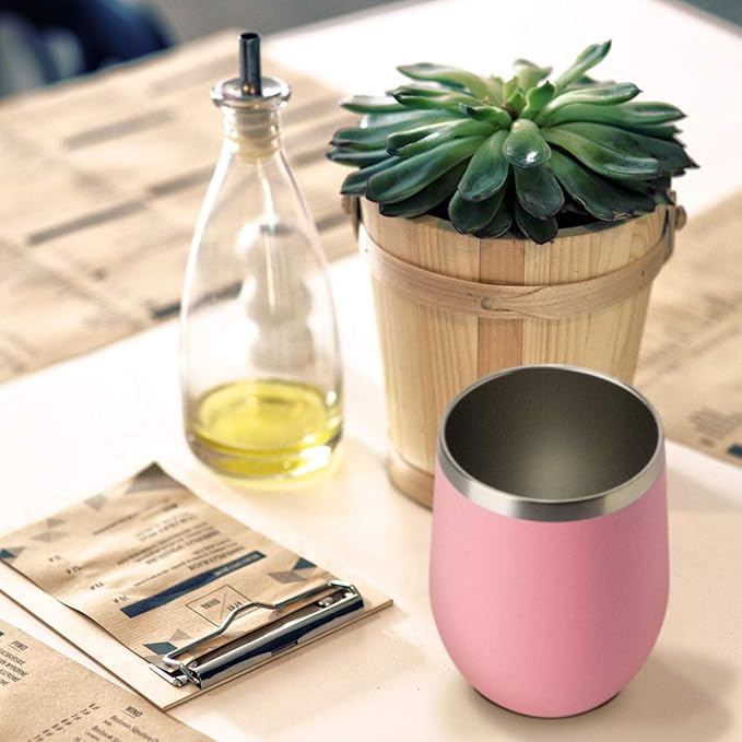 HASLE OUTFITTERS 12oz Wine Tumbler with Lid Stemless Wine Glasses Double Wall Vacuum Travel Mugs stainless steel Coffee Cup for Cold & Hot Drinks Wine Coffee Cocktails Beer 6 Pack Pink