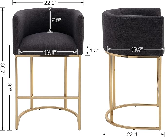 Modern Counter Height Linen Upholstered Bar Stool, 32" Kitchen Counter Island Stool Bar Chairs with Gold Metal Frame for Kitchen Island, Charcoal